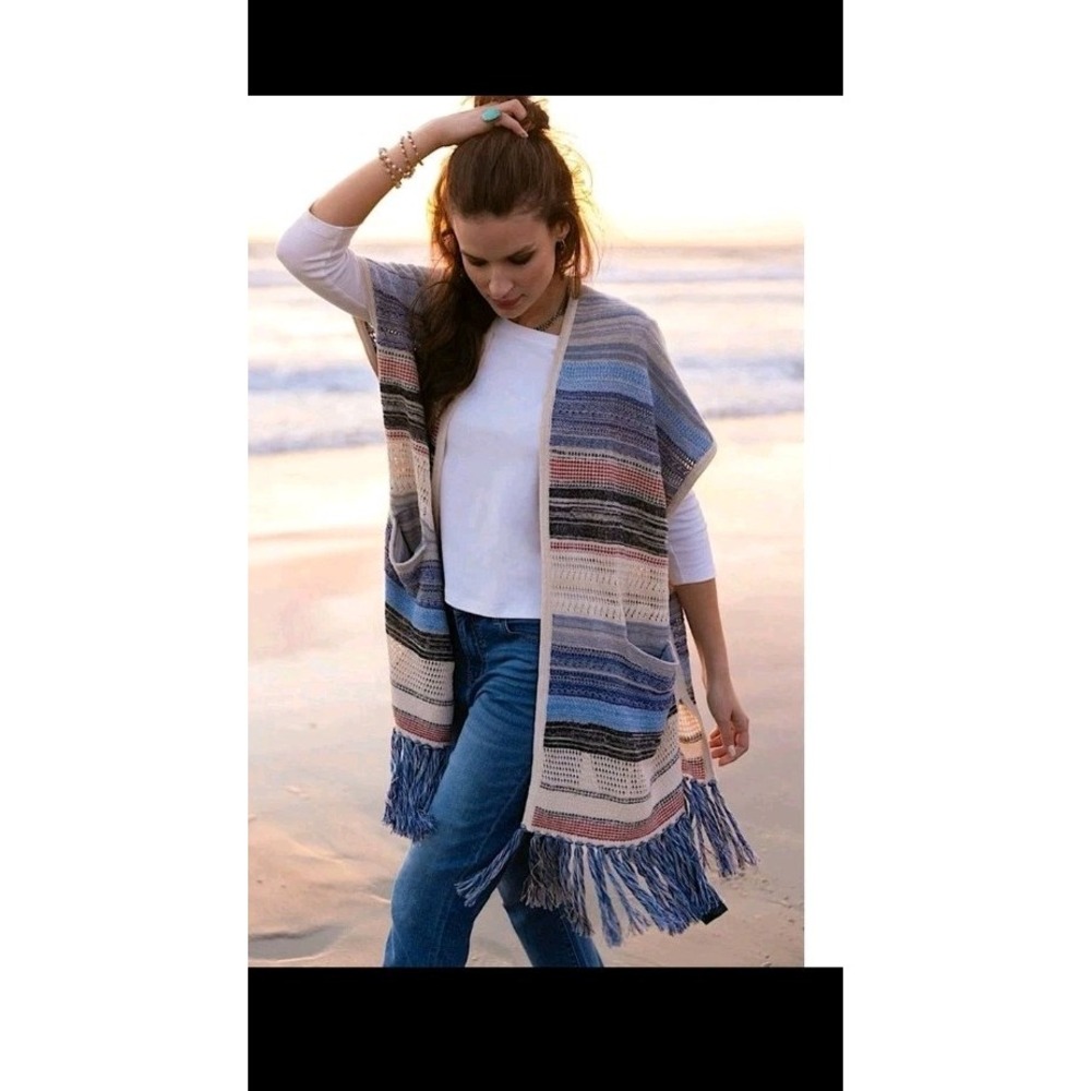 Liverpool Los‎ Angeles Blue Multi Striped Fringe Poncho Cardigan LM8864SW84 XS/S